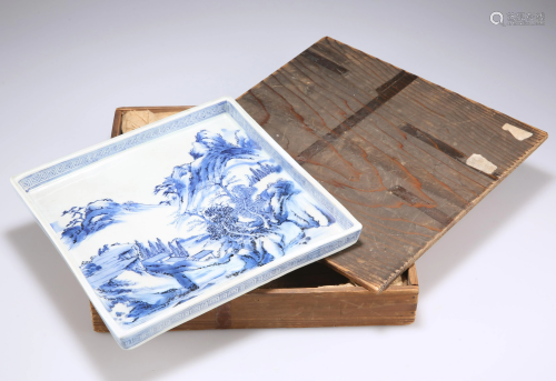 A CHINESE BLUE AND WHITE PORCELAIN DISH, square with