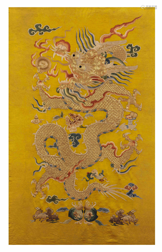 GOLDEN DRAGON MOTIF ON YELLOW GROUND SILK PANEL