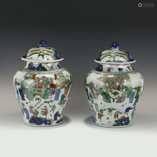 QING FAMILLE ROSE FIGURINE PORCELAIN LIDDED JARS