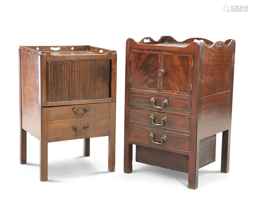 TWO GEORGE III MAHOGANY TRAY-TOP COMMODES, the first