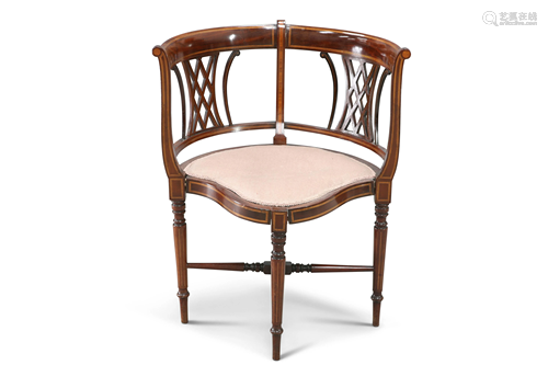 AN EDWARDIAN SATINWOOD INLAID MAHOGANY CORNER CHAIR,