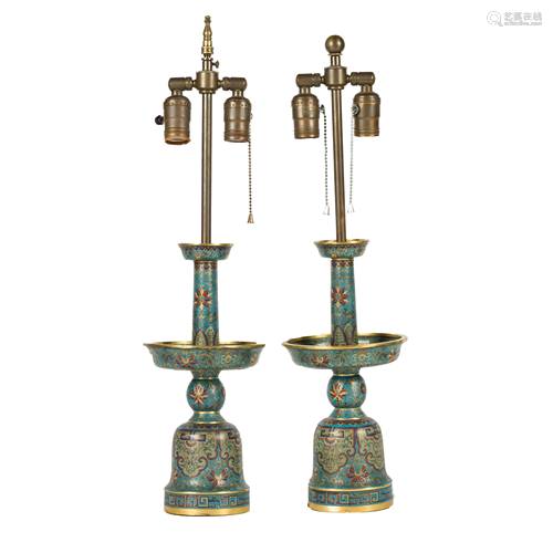 PAIR OF QING GILT BRONZE CLOISONNE ENAMEL LAMPS