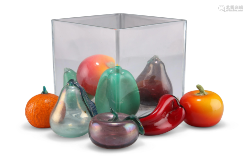 TEN PIECES OF MURANO GLASS FRUIT, in a square glass