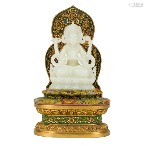 JADE GUANYIN ON GILT BRONZETHRONE & AUREOLE