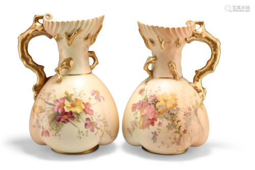 A NEAR PAIR OF ROYAL WORCESTER BLUSH IVORY JUGS,