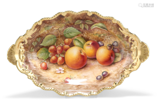 A ROYAL WORCESTER FRUIT PAINTED DISH, shaped oval form,