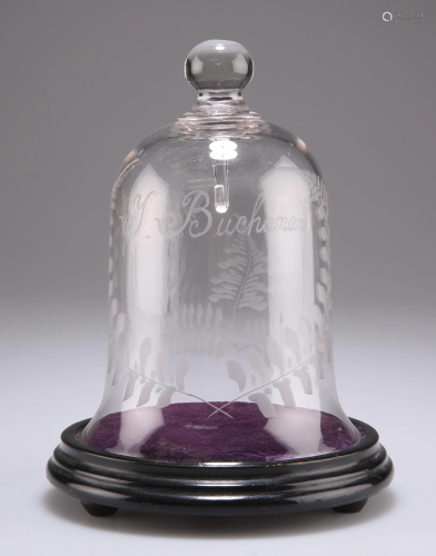 A VICTORIAN GLASS WATCH BELL, engraved with ferns and