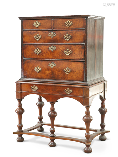 AN 18TH CENTURY WALNUT CHEST ON LATER STAND, the chest