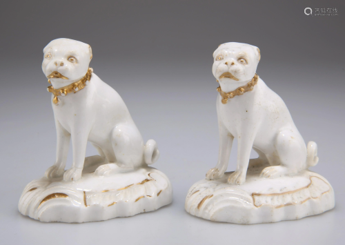 A PAIR OF DERBY GILT AND WHITE PORCELAIN MODELS OF PUG