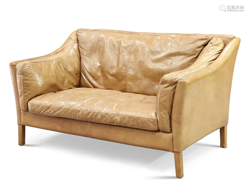 A CONTEMPORARY BROWN LEATHER TWO-SEATER SOFA, with