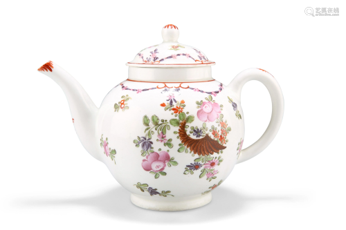 A LOWESTOFT TEAPOT, CIRCA 1780, painted with a