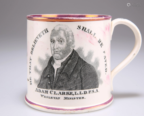 A SUNDERLAND PINK LUSTRE POTTERY METHODIST MUG, CIRCA