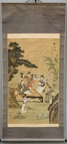 A LARGE CHINESE SCROLL, painted with figures and