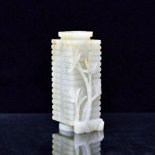CARVED CHINESE CONG SHAPED JADE BRUSH POT