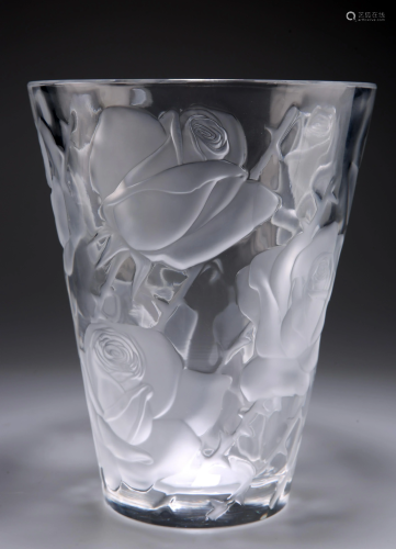 LALIQUE, A LARGE GLASS VASE, the tapering cylindrical