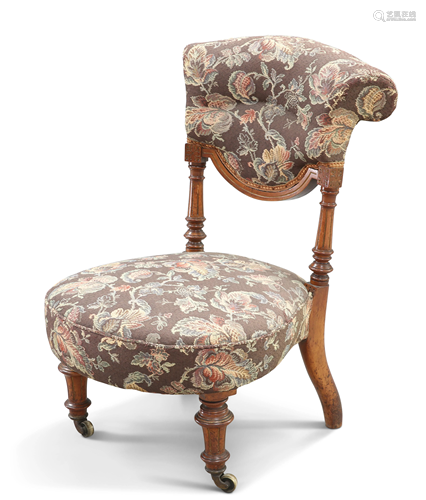 A VICTORIAN WALNUT AND UPHOLSTERED NURSING CHAIR,