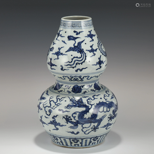 MING BLUE & WHITE DRAGON PHOENIX DOUBLE GOURD BOTTLE