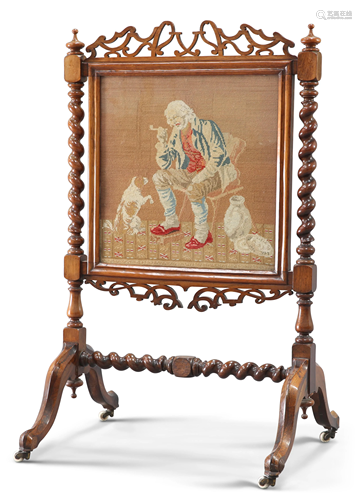 A VICTORIAN ROSEWOOD AND NEEDLEWORK FIRESCREEN, with