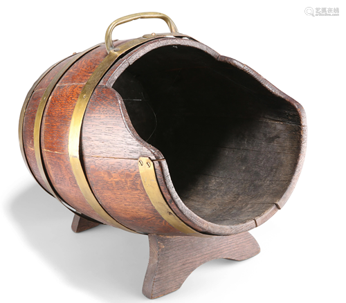 A VICTORIAN BRASS-BOUND COOPERED OAK BARREL-FORM COAL