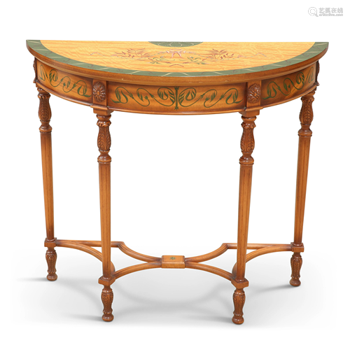 A NEOCLASSICAL STYLE DEMILUNE CONSOLE TABLE, decorated