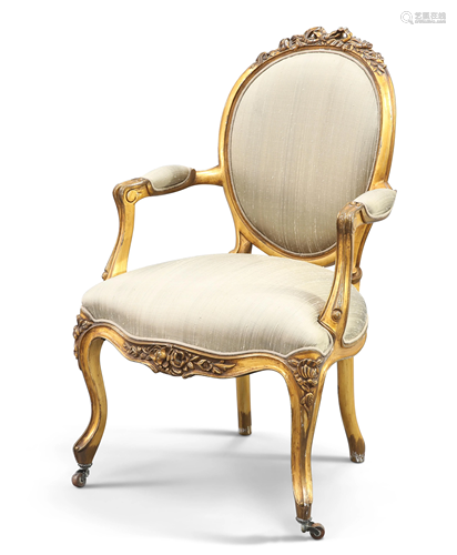 A LOUIS XV STYLE GILTWOOD AND UPHOLSTERED FAUTEUIL, the