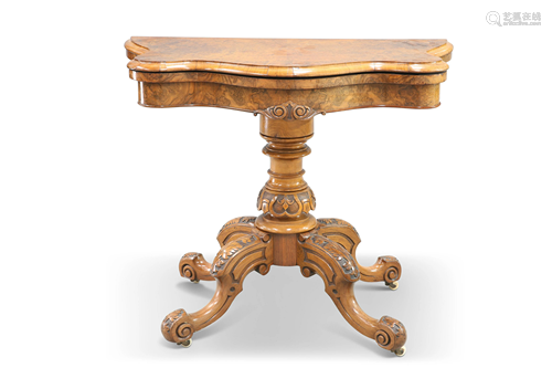 A VICTORIAN BURR WALNUT FOLDOVER CARD TABLE, of