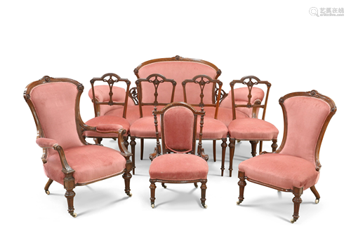 A VICTORIAN WALNUT EIGHT-PIECE PARLOUR SUITE,