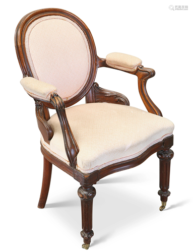 A WILLIAM IV MAHOGANY OPEN ARMCHAIR, with oval