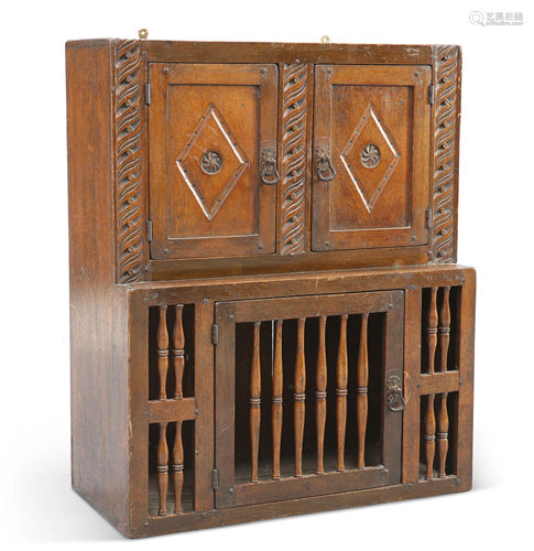 A VICTORIAN CARVED OAK FOOD HUTCH, the upper section