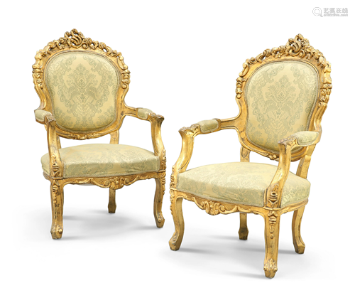 A PAIR OF LOUIS XV STYLE GILDED AND UPHOLSTERED