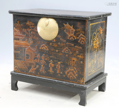 A CHINOISERIE LACQUER CHEST, with large convex brass