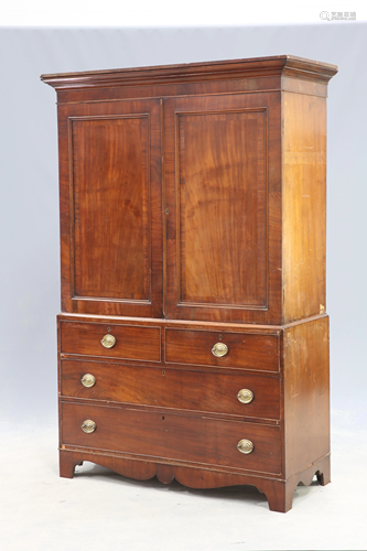 A GEORGE III MAHOGANY LINEN PRESS, with a pair of panel