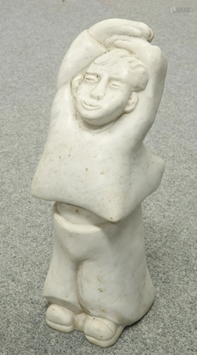 A MARBLE FIGURE, carved with arms overhead. 50cm high