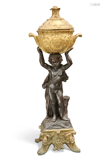 A VERY LARGE BRONZE FIGURAL JARDINIÈRE, the lidded two