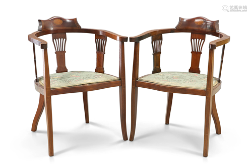 A PAIR OF EDWARDIAN INLAID MAHOGANY TUB CHAIRS, raised