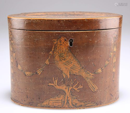 A GEORGE III INLAID MAHOGANY TEA CADDY, oval, the