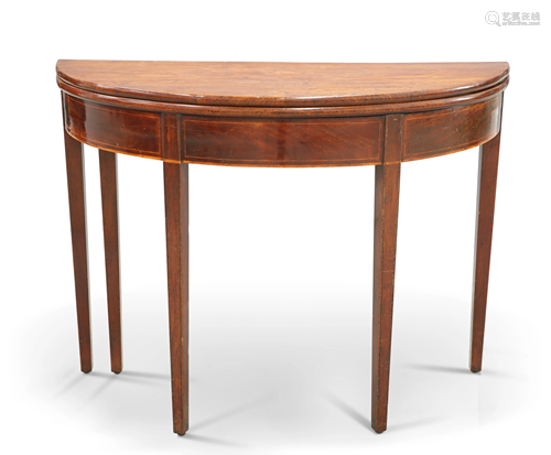 A GEORGE III MAHOGANY DEMILUNE TEA TABLE, with