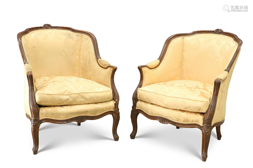 A PAIR OF FRENCH WALNUT AND UPHOLSTERED ARMCHAIRS,