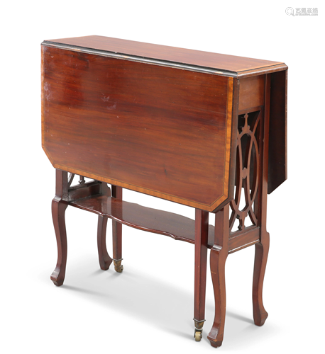 AN EDWARDIAN INLAID MAHOGANY CAKESTAND, the three