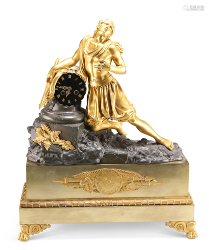 A NAPOLEON III BRONZE AND ORMOLU MANTEL CLOCK, modelled