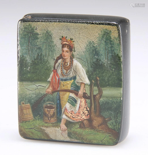 A 19TH CENTURY RUSSIAN BLACK LACQUER SNUFF BOX, the