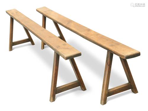 A PAIR OF 19TH CENTURY FRUITWOOD BENCHES, each plank