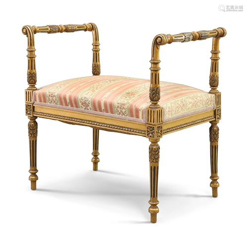 AN ADAM STYLE GILTWOOD AND UPHOLSTERED STOOL, with