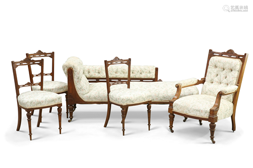 A VICTORIAN WALNUT FIVE-PIECE PARLOUR SUITE, comprising