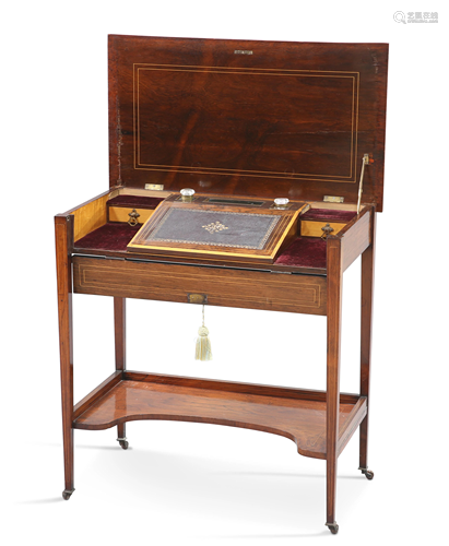 A LATE VICTORIAN STRING-INLAID ROSEWOOD WRITING DESK,