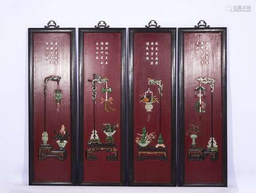 FOUR CHINESE HARD-STONES INLAID HANGING PANELS