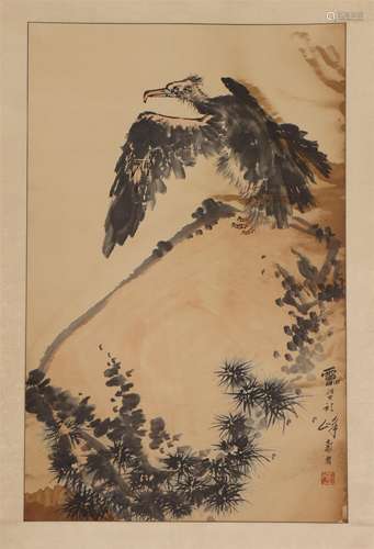 A CHINESE PAINTING OF EAGLE ON ROCK