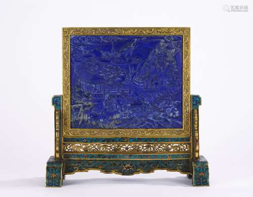 A LAPIS LAZULI INLAID CLOISONNE TABLE SCREEN