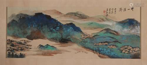 A CHINESE PAINTING OF BLUE AND GREEN LANDSCAPE