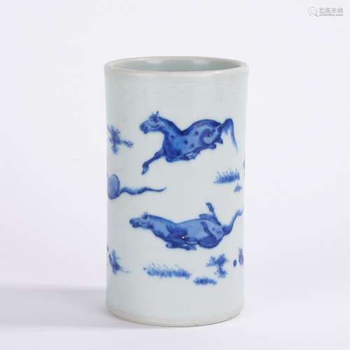 A BLUE AND WHITE HORSES BRUSH-POT